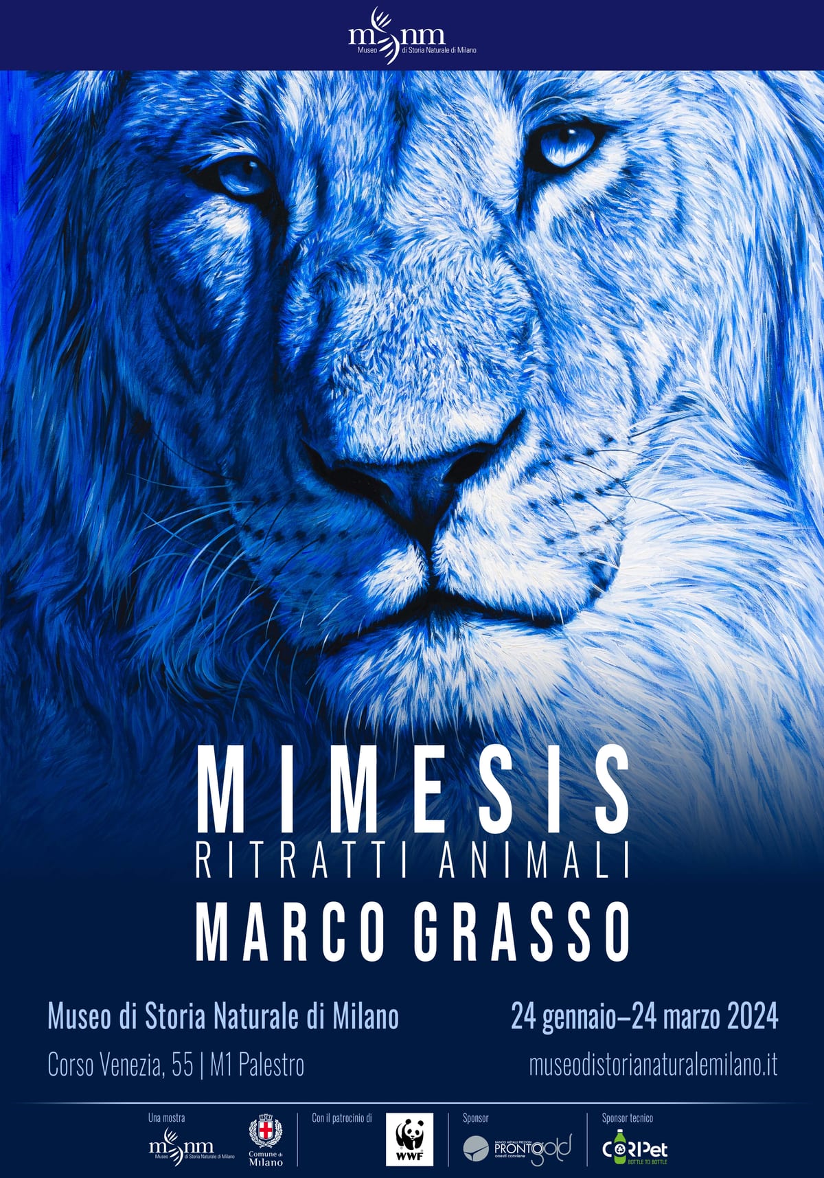 Exhibition poster for Marco Grasso’s Mimesis. Ritratti animali at the Natural History Museum of Milan, 2024