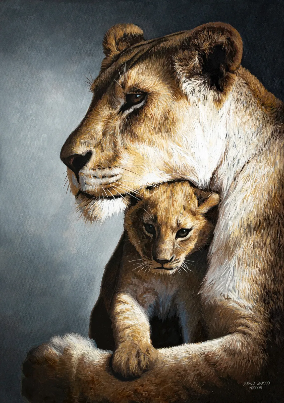 Lioness with Cub, Oil on canvas, artwork by Marco Grasso